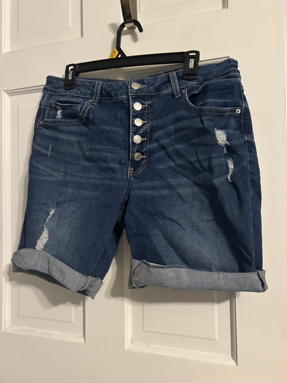 Time and Tru Dark Blue Button-Front Distressed Jean Shorts